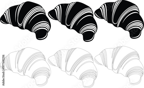 Three black and white croissants, row solid black, bottom row outline pastry baked goods food breakfast