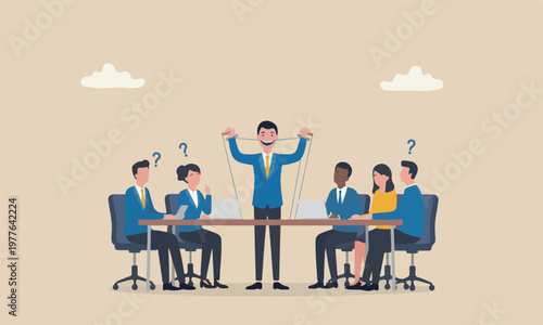 Control expression teams together way solve problem and conflict concept, businessman hand tied with string to control, manipulate smile face like puppet doll