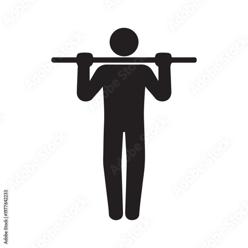 Stick figure illustration of a person performing a pull up exercise on a horizontal bar.