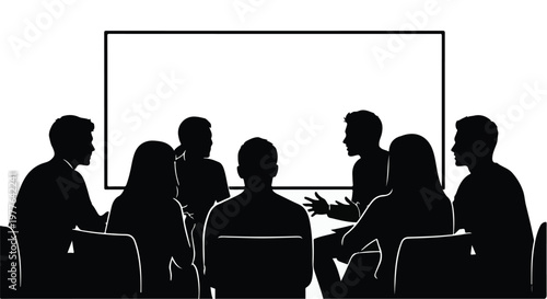 Silhouettes of people in a circle meeting or group discussion