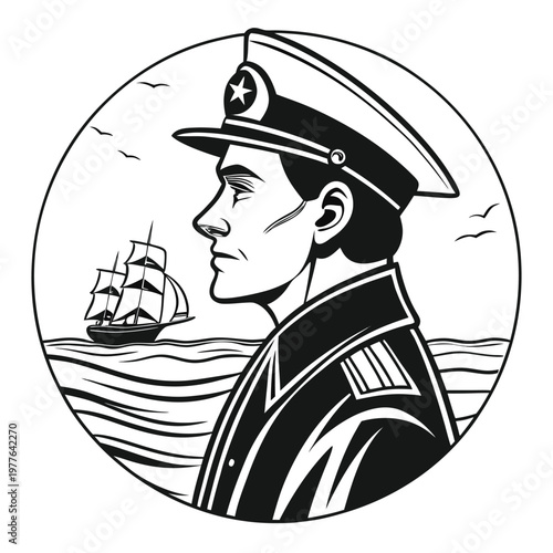 Determined naval officer watches a classic sailing ship with seagulls flying over ocean waves