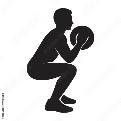 Silhouette of a person performing a weighted goblet squat exercise with a medicine ball