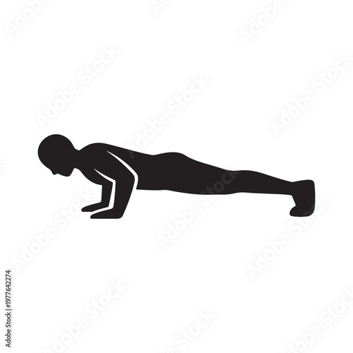 A black silhouette of a person performing a push-up exercise on a white background.
