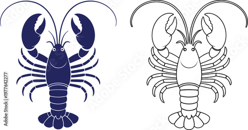 Lobster silhouette, clean outline seafood icon, nautical design element, minimalist black crustacean illustration, seaside menu graphic, marine life symbol isolated on white background.
