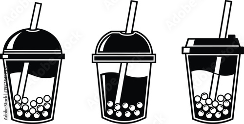 Three black and white of bubble tea drinks with straws and tapioca pearls boba beverage