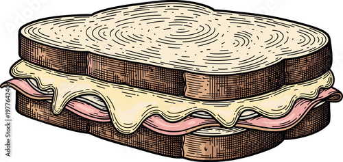 A delicious sandwich with melted cheese on transparent background