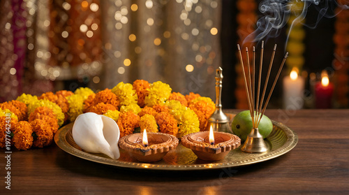 Golden Brass Pooja Ki Thali With Fruit, Marigold, Ghanti, Diya, Deep, Dia, Shankh, Phool, Peda, Laddu, Laddoo And Agarbatti. Used In Navratri, Dussehra Puja, Karva Chauth, Shubh Teej, Ganesh Chaturthi