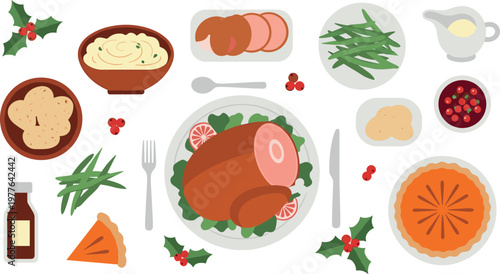 A festive holiday table setting with a delicious Christmas dinner on transparent background