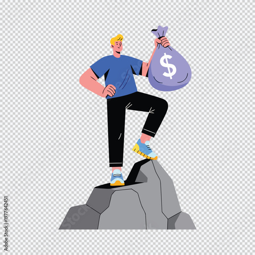 Man standing on rock with money bag dollar sign