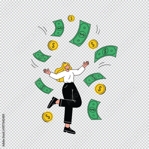 Woman surrounded by flying money green banknotes gold coins transparent background