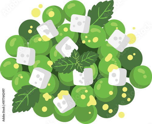 A vibrant illustration of green peas with cheese cubes on transparent background