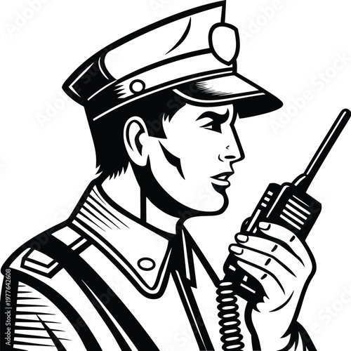 Professional police officer wearing uniform and cap communicating on a walkie talkie radio device