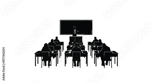 Silhouette of a teacher giving a lecture to students in a classroom