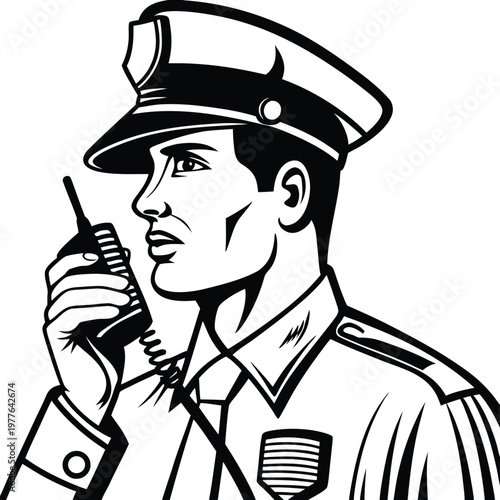 Focused security officer listening to important communications on two way radio