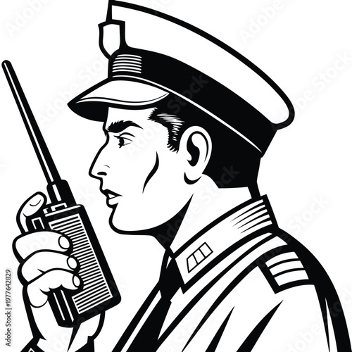 Security Professional Using a Walkie Talkie Radio Device for Communication