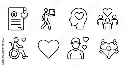 Charity and social support line icons set featuring donation document delivery person heart in head wheelchair and disabled person more vector illustration with editable stroke.