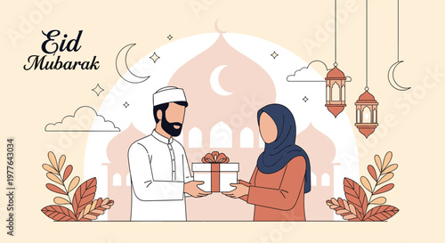 Eid Mubarak greeting with a man giving a gift to a woman, celebrating generosity and togetherness in front of a mosque.