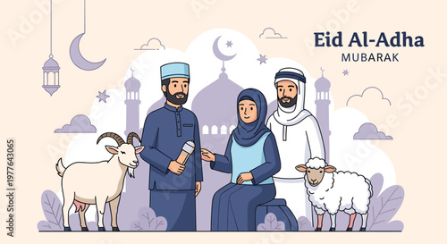 Eid Al-Adha Mubarak with a Muslim family, goat, and sheep, symbolizing sacrifice and tradition in front of a mosque.