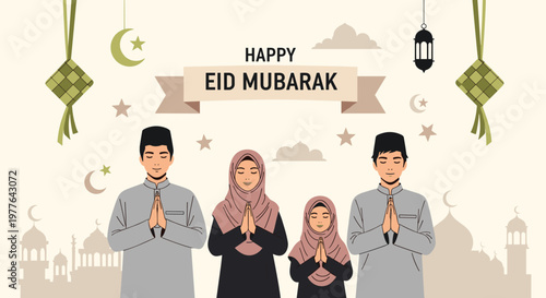 Happy Eid Mubarak greeting with a Muslim family in traditional attire, praying and celebrating with Islamic symbols.