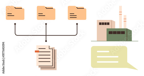 Business organization, workflow efficiency, document management, industrial solutions, communication systems, file sharing. Connected folders, documents factory speech bubble. Business organization