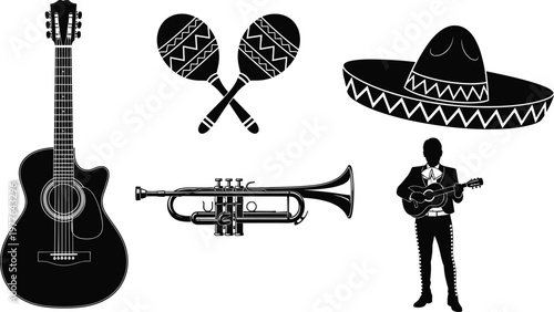 Black and white vector illustration of musical instruments and symbols for Mexican celebration, including guitar, trumpet, maracas, and sombrero.