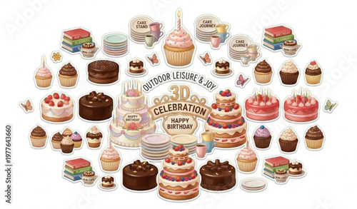 3D cake sticker collection with birthday desserts strawberry chocolate cakes and candles vector set