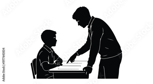 Silhouette of a teacher explaining a lesson to a student at a desk