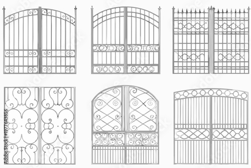 Collection of ornate wrought iron gates in various decorative styles