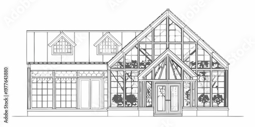 Architectural drawing of a modern house with large glass windows