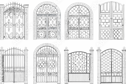 Detailed black and white illustrations of ornate arched metal gates