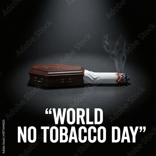 World No Tobacco Day concept with a cigarette merging into a wooden coffin on a black background
