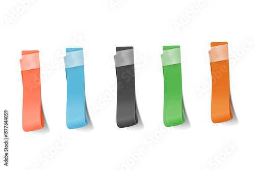 Set of five colorful folded paper ribbons attached with translucent adhesive tape, realistic 3D graphic elements on a transparent background.