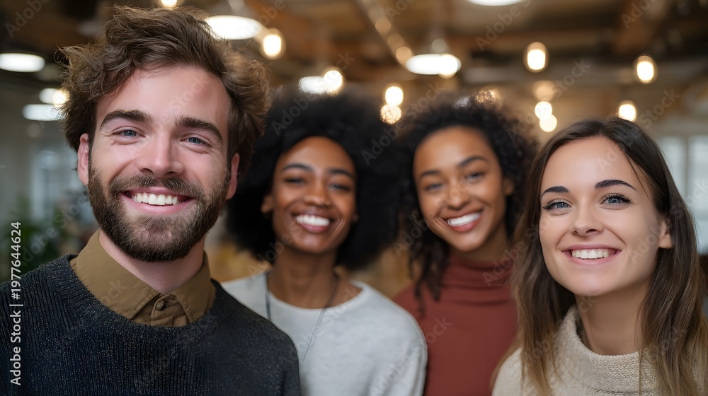 Fototapeta premium A diverse group of young friends smiling genuinely together in a modern well lit collaborative environment