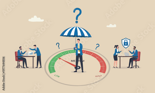 Risk mitigation meeting teams together chance of failure, uncertainty, evaluate safety level, businessman with protection umbrella on risk gauge measuring image