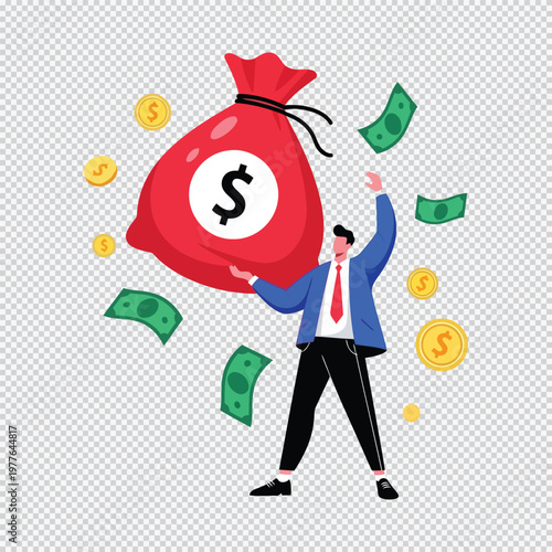 Man holding large red money bag with cash and coins