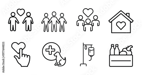Charity and social support line icons set featuring family heart shape house medical iv drip bag and pet care more vector illustration with editable stroke.