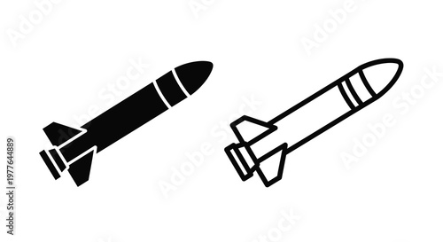 Two distinct missile designs are displayed in stark black and white silhouette