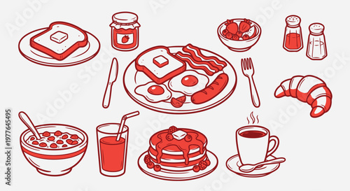 A vibrant illustration of a delicious breakfast spread with various food items on a clean white background, available as an Editable Vector File