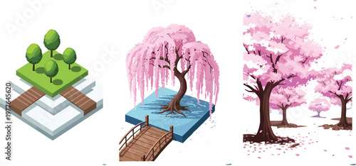 Set of 3D Isometric Cherry Blossom Trees, Weeping Willow, and Garden Bridge for Spring, Nature, and Landscape Illustrations