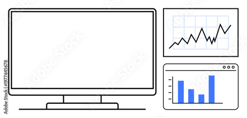 Data analysis, performance tracking, financial growth, business forecasting, digital marketing, online monitoring. Computer screen with analytics and charts. Data analysis and performance tracking