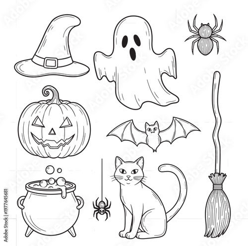 Whimsical hand drawn illustration featuring classic halloween symbols like a grinning jack o' lantern a friendly ghost a black cat a witch's hat a broomstick a cauldron