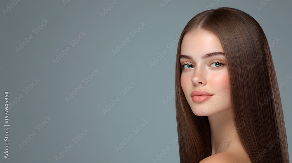 Naklejka premium Straight brown hair woman portrait, Glossy long hairstyle, Natural beauty female model, Smooth skin close up, Minimal studio background, Clean aesthetic look, Professional beauty shot