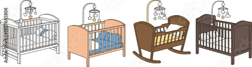 Set of Baby Cribs and Rocking Cradles in Various Styles with Star Mobile and Bedding for Nursery, Baby Furniture, and Sleep Design