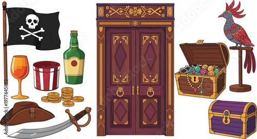 Set of Pirate-Themed Illustrations Including Pirate Flag, Treasure Chest, Sword, Parrot, and Alcohol for Adventure, Fantasy, and Game Designs