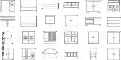 Collection of furniture outlines beds dressers cabinets and chairs