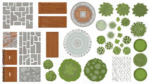 An aerial view of various landscape elements including stone wood and greenery