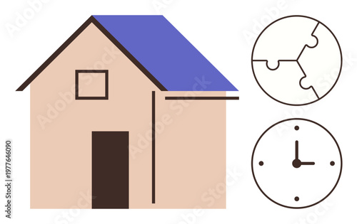 Home design, time management, problem-solving, real estate planning, efficiency, family lifestyle. Illustration with a house, clock and puzzle elements. Home design and time management concept
