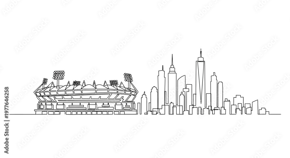 Fototapeta premium Sports Stadium and City Skyline Sketch Outline Illustration
