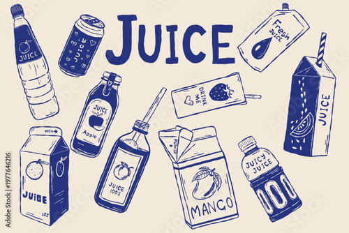 Hand drawn juice packaging set with bottles cartons and drink element