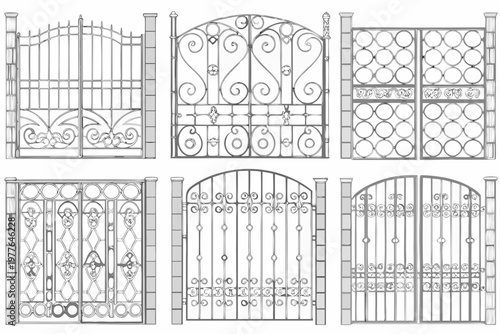 Detailed illustration of six ornate wrought iron gate designs